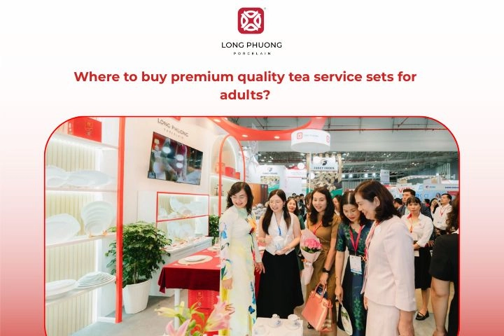 Long Phuong Porcelain showroom displaying premium tea service sets for adults