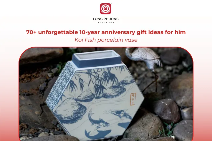 The Koi Fish vase symbolizes resilience and good fortune, aligning beautifully with a 10-year milestone