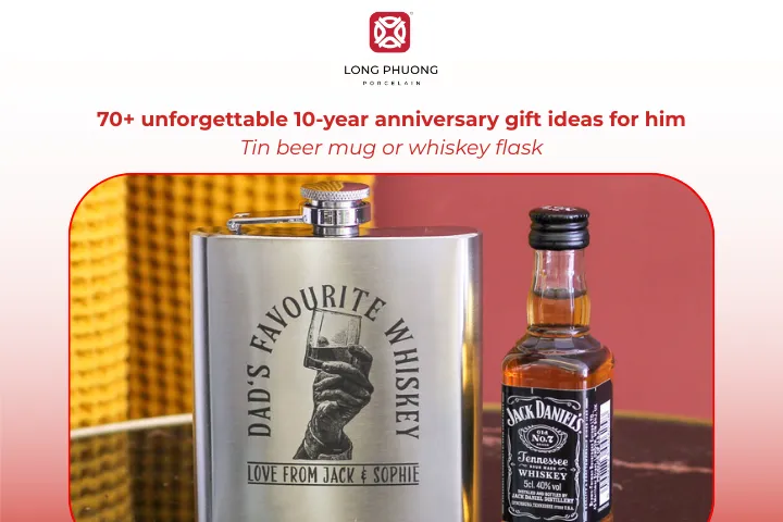 A tin drinkware piece subtly honors the traditional 10-year anniversary material