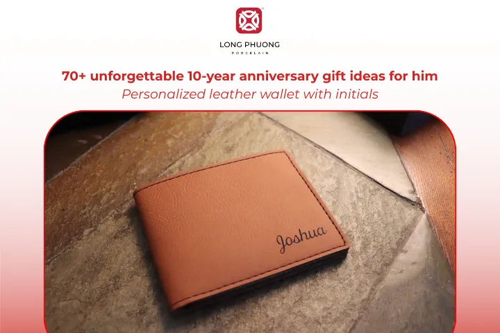 Adding his initials turns a leather wallet into a unique 10-year anniversary keepsake