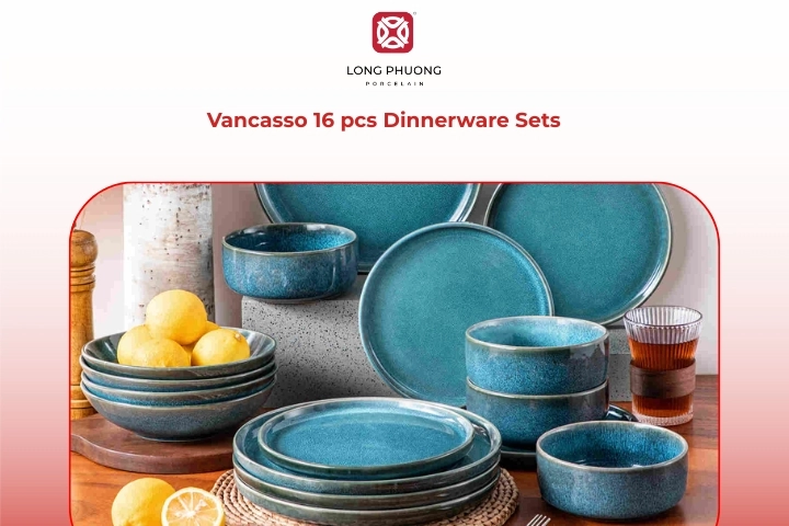 Vibrantly colored stoneware dinner set with bold, creative styling