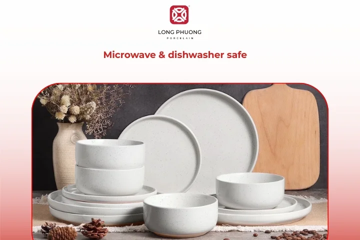 Porcelain dinnerware used a microwave and dishwasher in a modern kitchen