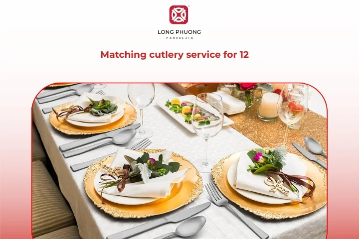 Coordinated porcelain dinnerware paired with matching cutlery for twelve