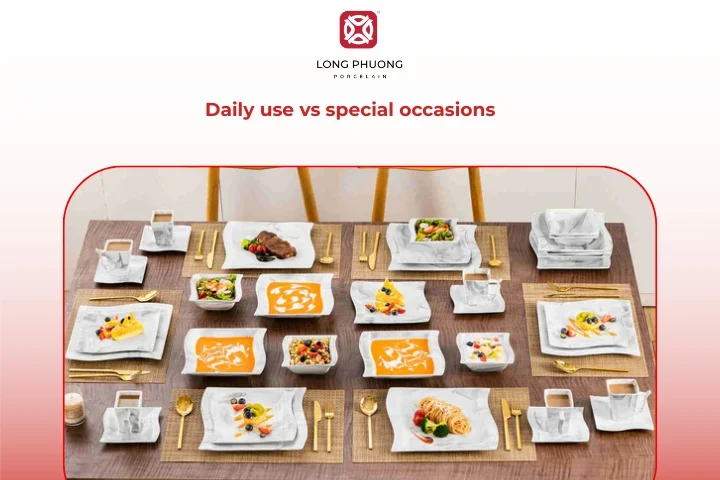 Porcelain dinnerware styled for both everyday meals and formal dining