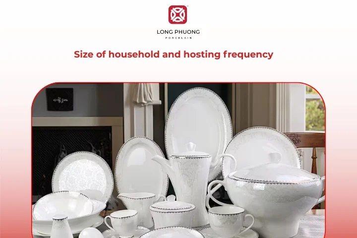 Large family dining table prepared with a complete dinnerware service