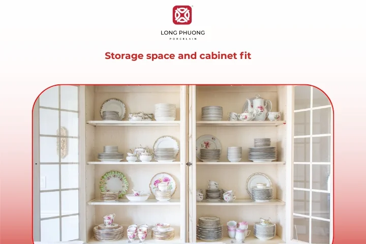 Porcelain plates and bowls neatly stacked inside kitchen cabinets