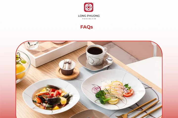 Porcelain dinnerware pieces arranged neatly on a clean kitchen countertop