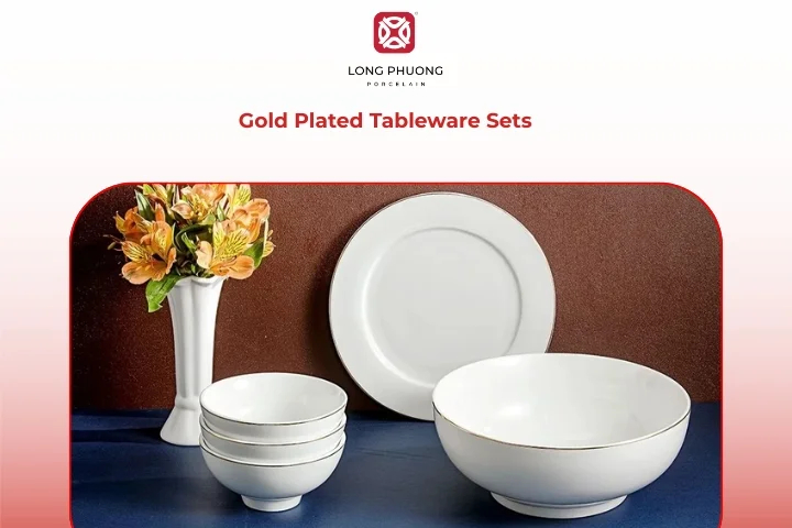 Porcelain tableware with refined gold rim details arranged on a luxury dining table
