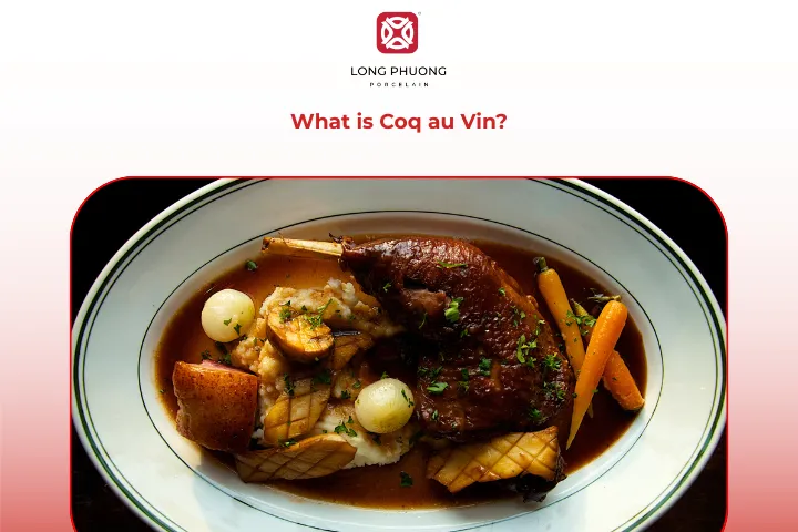 Coq au Vin is a classic French dish made by slowly cooking chicken in red wine