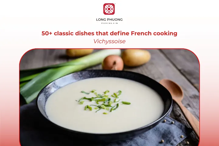 Vichyssoise is a chilled leek and potato soup with a smooth, velvety finish.