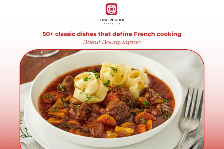 Boeuf Bourguignon is a slow-cooked beef stew rich with red wine
