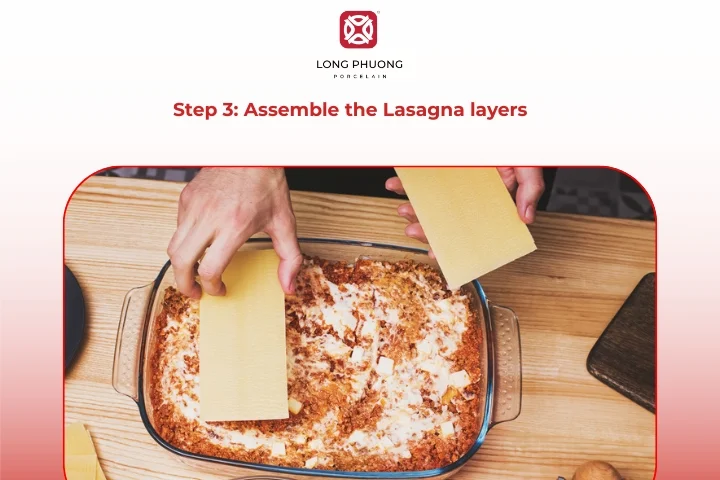 Layering pasta sheets with ricotta cheese and sauce in a baking dish