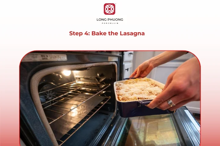 Lasagna baking in the oven until cheese is melted and golden