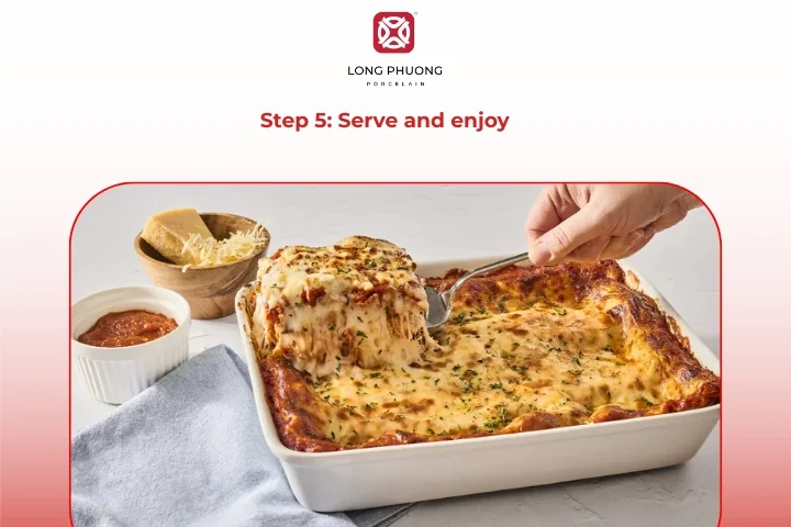 Sliced lasagna with ricotta cheese served on elegant porcelain plates