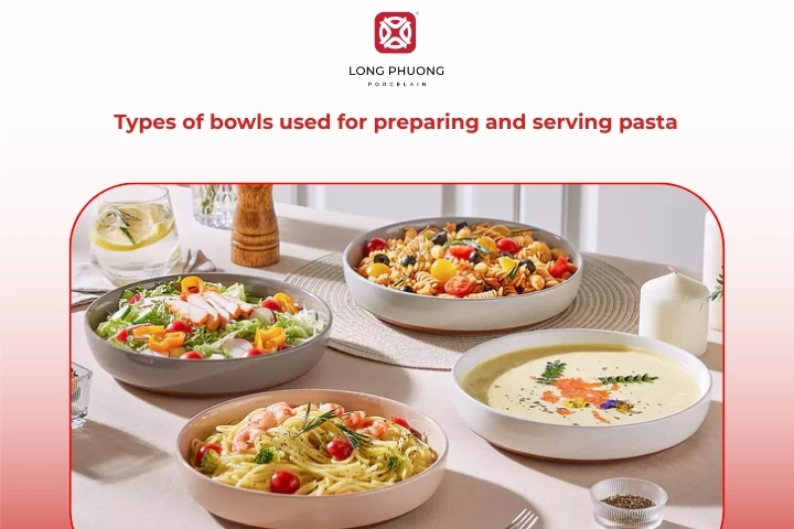 Different types of porcelain pasta bowls used for cooking and serving pasta