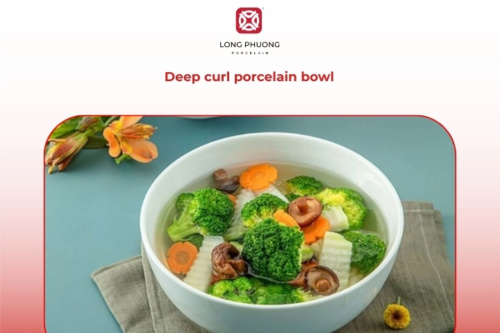 Deep curl porcelain pasta bowl with curved rim design for saucy pasta dishes