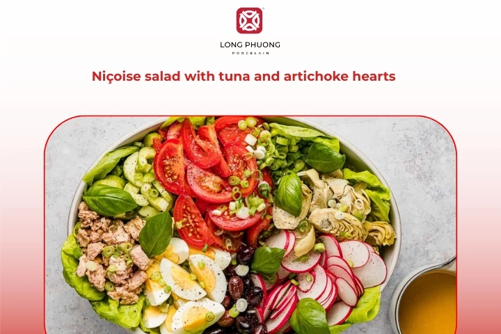 A variation of nicoise salad featuring tuna and artichoke hearts