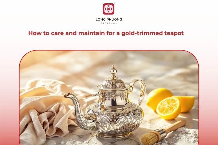 Gently washing a porcelain teapot with soft sponge to preserve gold trim