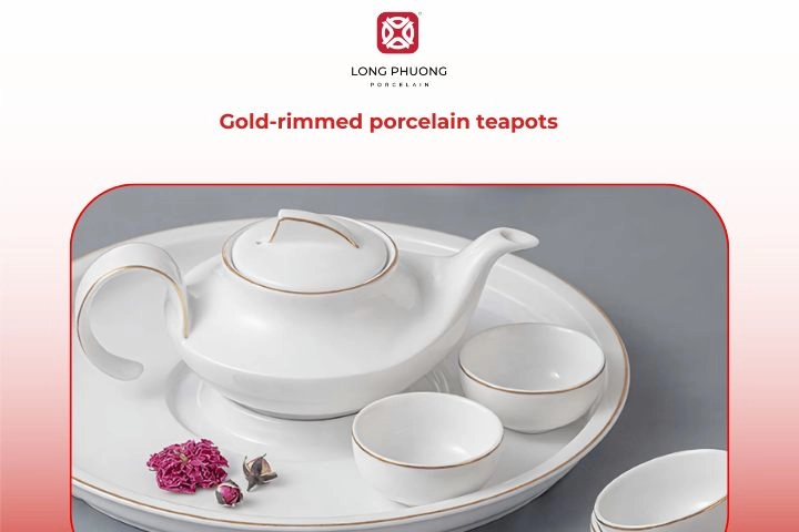 Classic white porcelain teapot with gold rim, a must-have elegant design