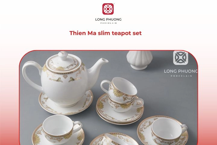 Modern Thien Ma slim white and gold teapot set with matching cups for stylish tea