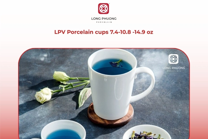LPV porcelain cups set with saucers in multiple sizes for versatile coffee service