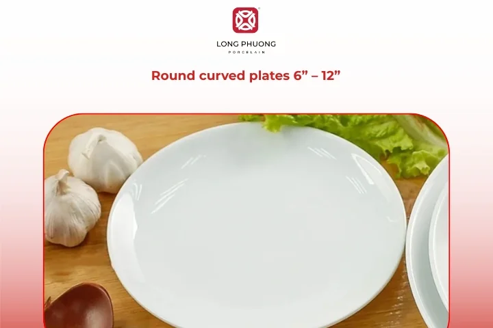 Round curved porcelain appetizer plates with raised edges