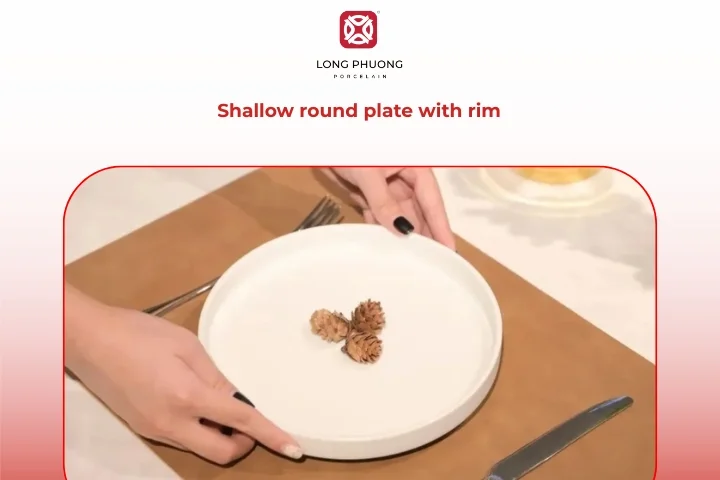 Shallow round porcelain snack plate with rim for desserts and finger foods