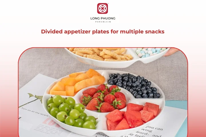 Divided porcelain appetizer plates serving multiple snacks on one plate