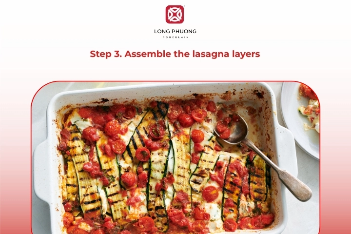 Layering roasted vegetables, cheese, sauce, and lasagna sheets in a baking dish