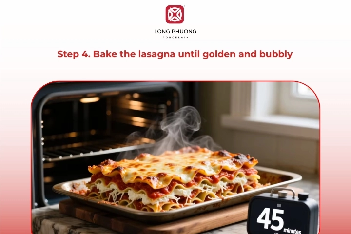 Vegetable lasagna baking in the oven with melted cheese on top