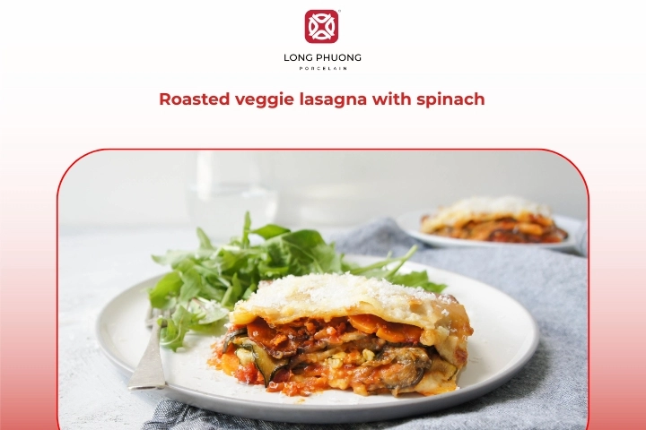 Roasted vegetable lasagna layered with fresh spinach