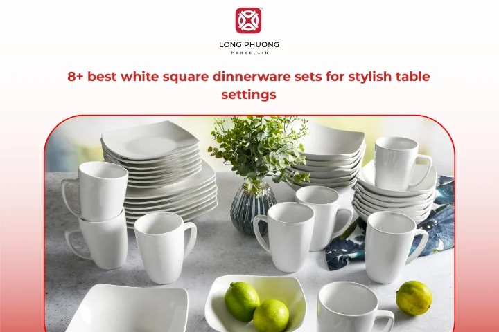 Premium white square dinnerware sets displayed on an elegant modern dining table