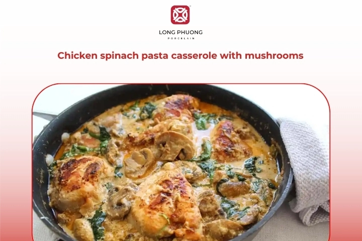 Chicken spinach pasta casserole enhanced with sautéed mushrooms