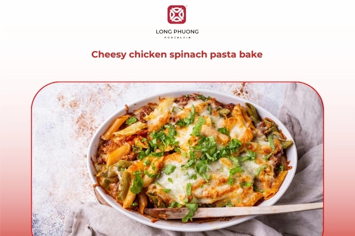 Cheesy chicken spinach pasta bake topped with melted mozzarella and parmesan