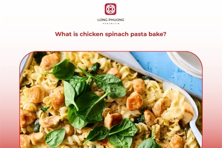 Creamy chicken spinach pasta bake showing pasta, tender chicken, and fresh spinach baked together