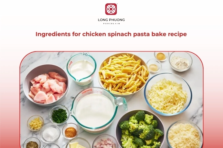 Fresh ingredients prepared for chicken spinach pasta bake including pasta, chicken, spinach, cream, and cheese