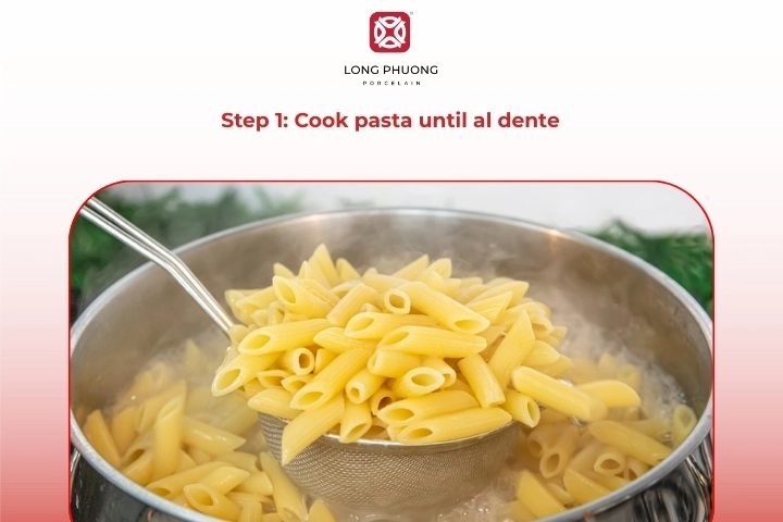 Cooking pasta in boiling salted water until al dente for pasta bake