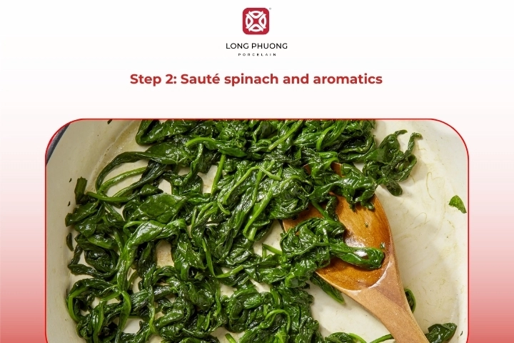 Sautéing spinach, garlic, and onion in pan to build flavor base