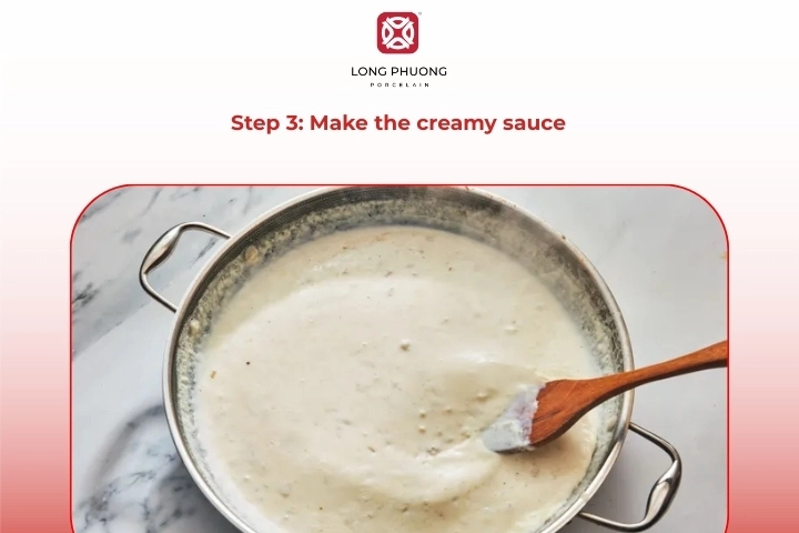 Cream sauce simmering gently in pan for baked pasta with chicken and spinach