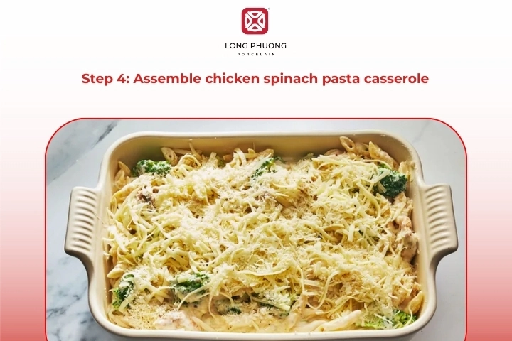 Combining cooked pasta, chicken, spinach, and sauce in baking dish before oven
