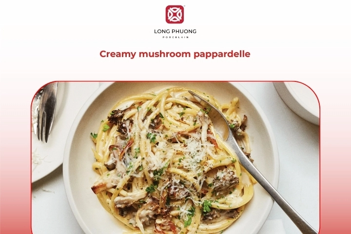 Creamy mushroom pappardelle pasta with parmesan and smooth sauce coating