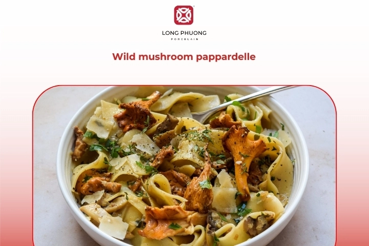 Wild mushroom pappardelle combining shiitake and porcini for deep earthy flavor