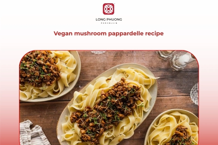 Vegan mushroom pappardelle recipe made without dairy using olive oil and herbs