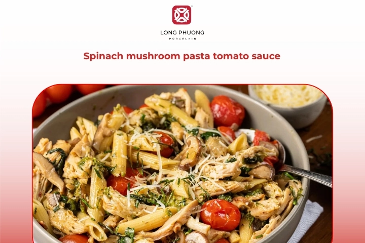 Pasta With Spinach And Mushrooms In Light Tomato Sauce