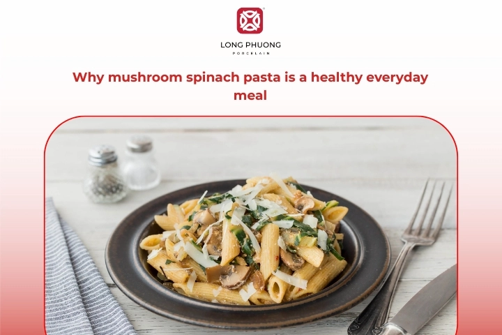 Healthy Pasta With Mushrooms And Spinach Made From Fresh Ingredients
