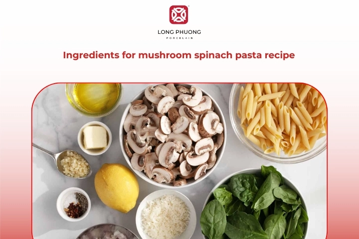 Fresh Ingredients For Mushroom Spinach Pasta Including Pasta Mushrooms And Spinach