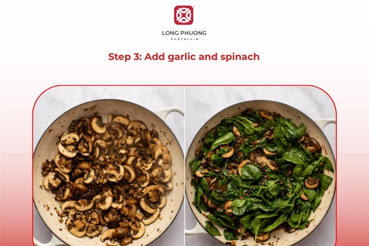 Adding Minced Garlic And Fresh Spinach To Cooked Mushrooms