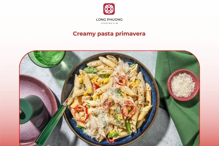 Creamy pasta primavera with vegetable cream pasta texture