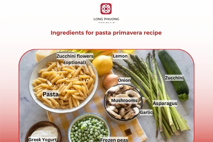 Fresh ingredients for pasta primavera recipe arranged on kitchen table