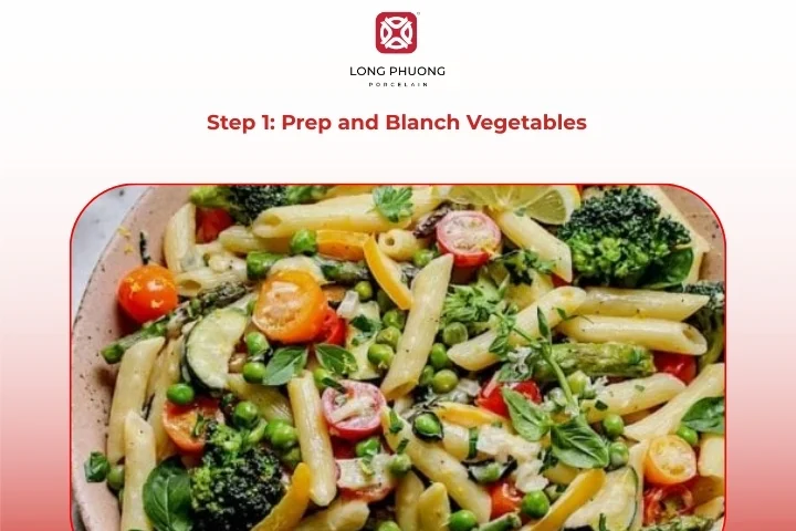 Blanching broccoli and carrots for vegetable primavera